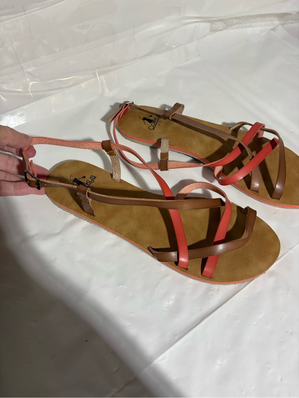 Corkys Coral and Brown Strappy Flat Sandals